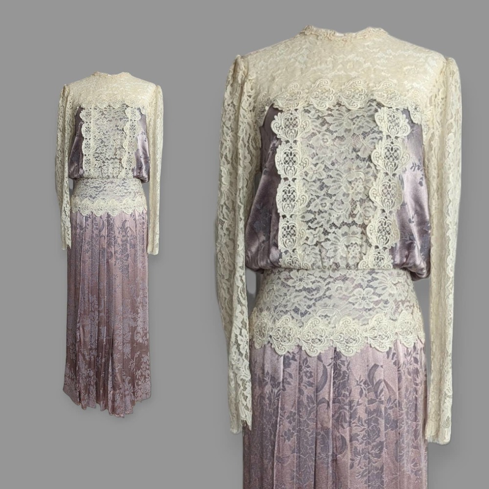 Jessica McClintock Icy Violet Satin Jacquard Edwardian Pleated Blouson Dress